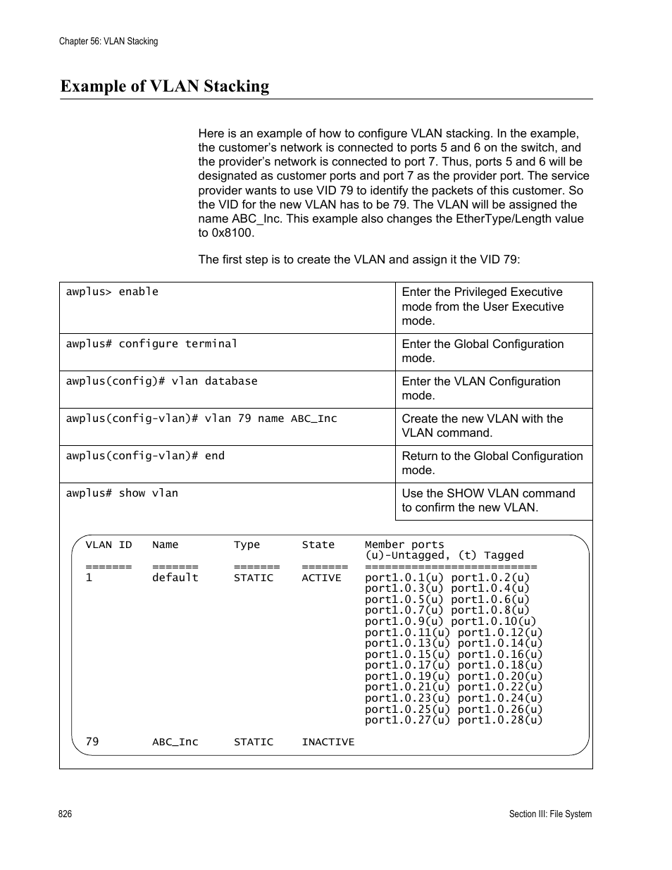 Example of vlan stacking | Allied Telesis AT-9000 Series User Manual | Page 854 / 1480