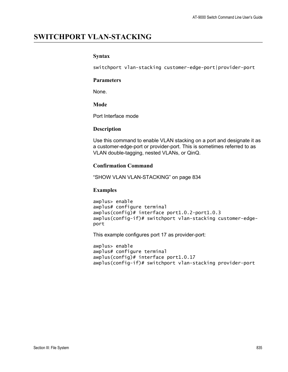 Switchport vlan-stacking | Allied Telesis AT-9000 Series User Manual | Page 863 / 1480