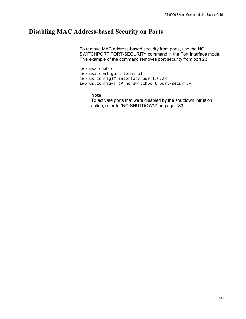 Disabling mac address-based security on ports | Allied Telesis AT-9000 Series User Manual | Page 873 / 1480