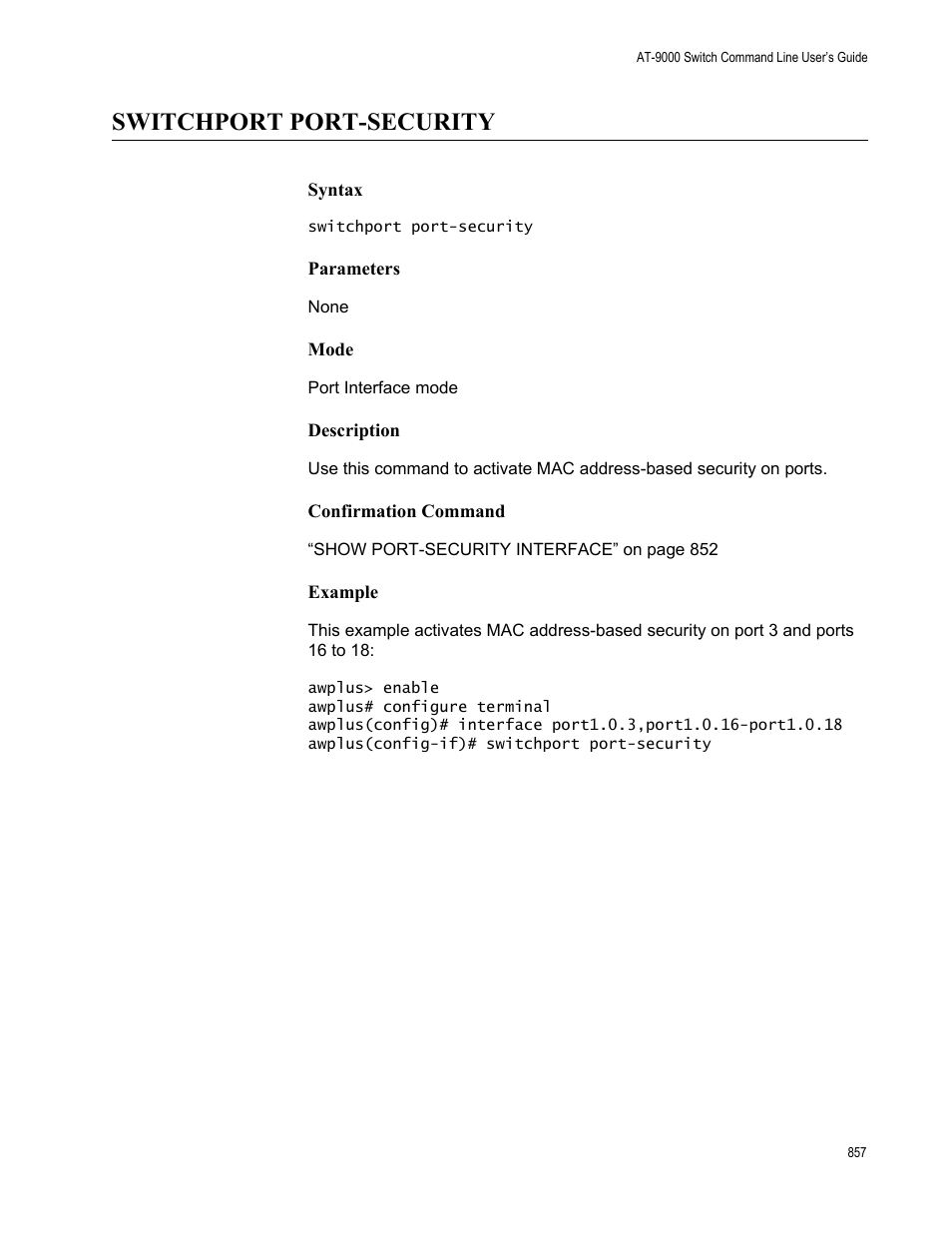 Switchport port-security | Allied Telesis AT-9000 Series User Manual | Page 885 / 1480