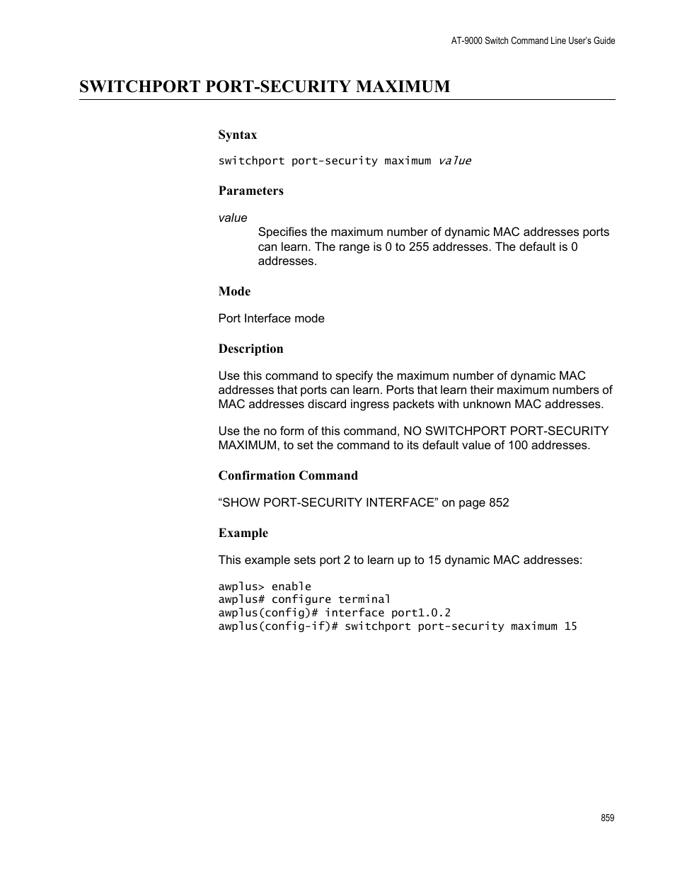 Switchport port-security maximum | Allied Telesis AT-9000 Series User Manual | Page 887 / 1480