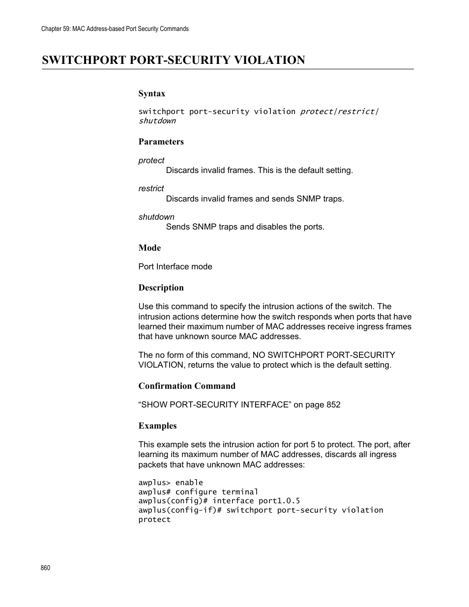 Switchport port-security violation | Allied Telesis AT-9000 Series User Manual | Page 888 / 1480