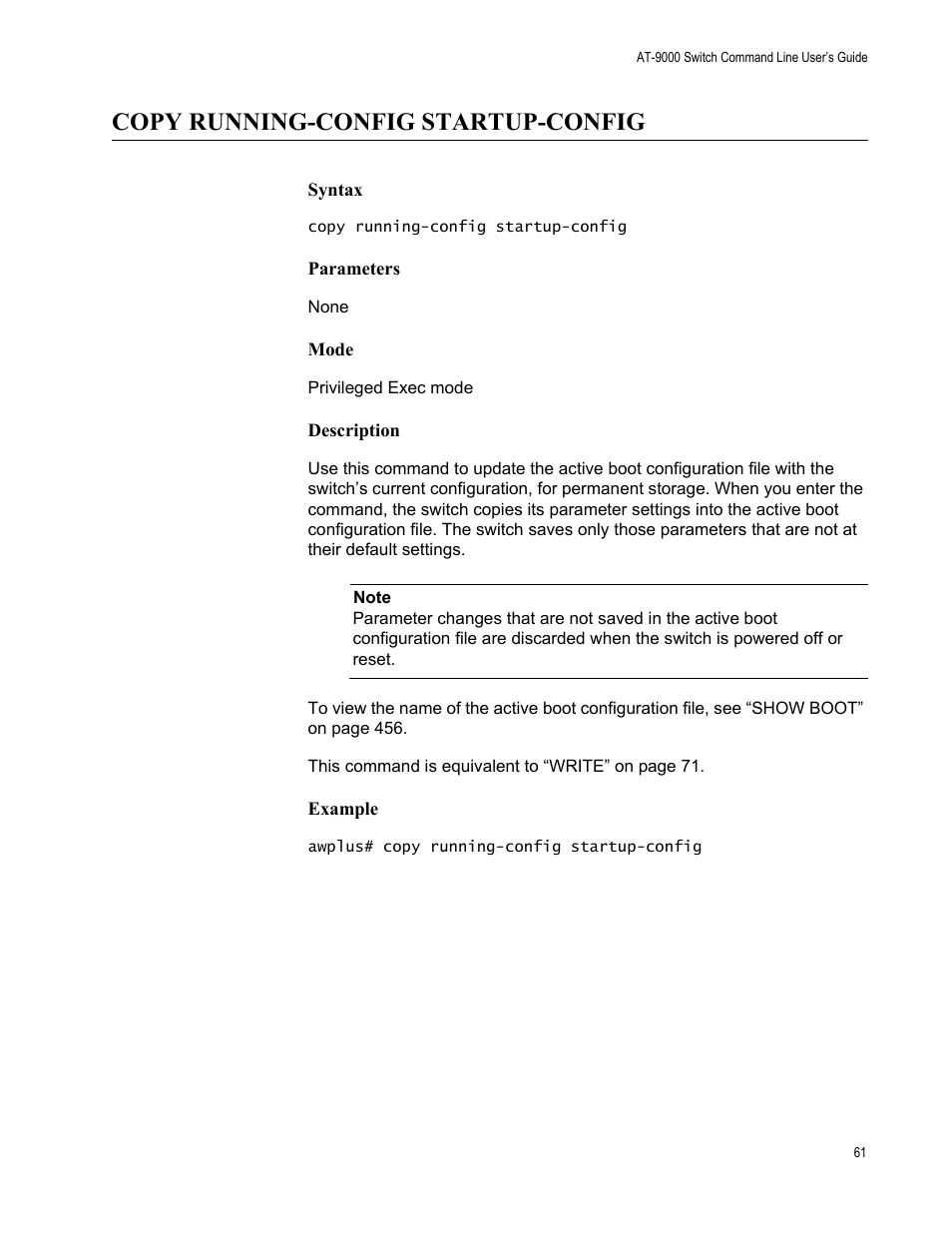 Copy running-config startup-config | Allied Telesis AT-9000 Series User Manual | Page 89 / 1480