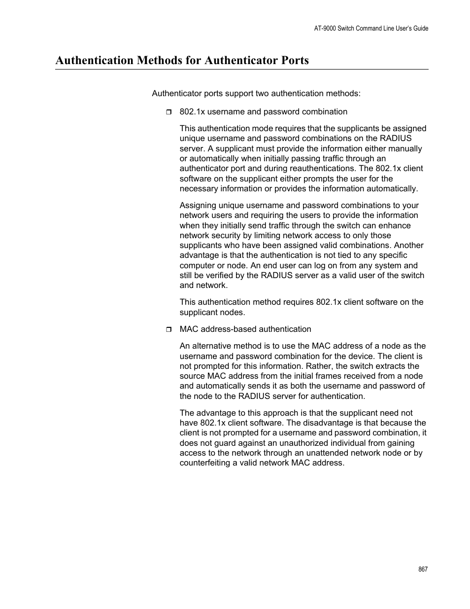 Authentication methods for authenticator ports | Allied Telesis AT-9000 Series User Manual | Page 895 / 1480