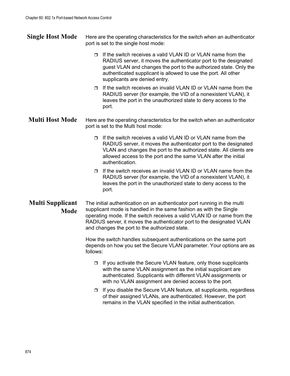 Single host mode, Multi host mode, Multi supplicant mode | Allied Telesis AT-9000 Series User Manual | Page 902 / 1480