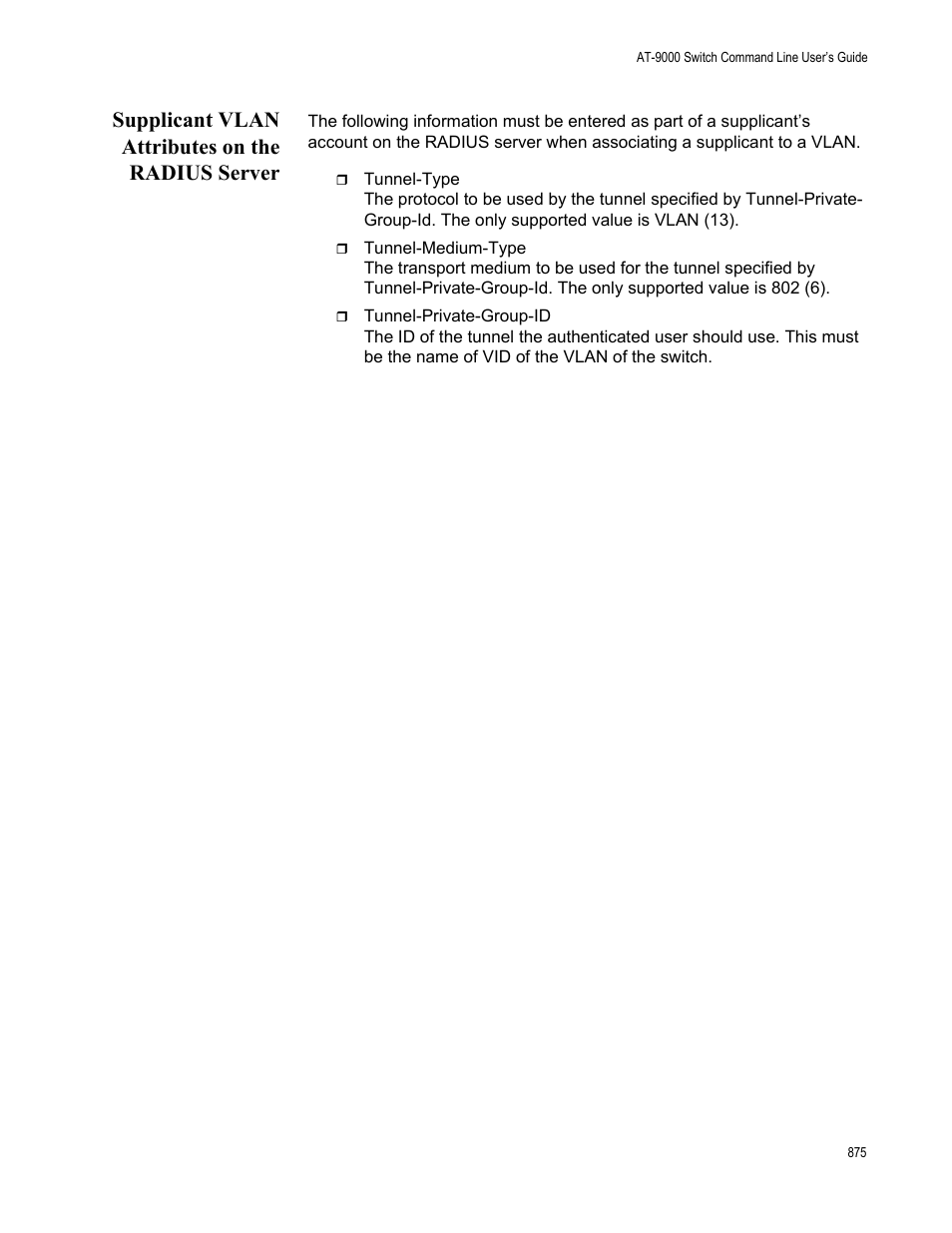 Supplicant vlan attributes on the radius server | Allied Telesis AT-9000 Series User Manual | Page 903 / 1480