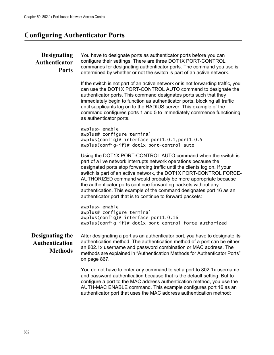 Configuring authenticator ports, Designating authenticator ports, Designating the authentication methods | Allied Telesis AT-9000 Series User Manual | Page 910 / 1480