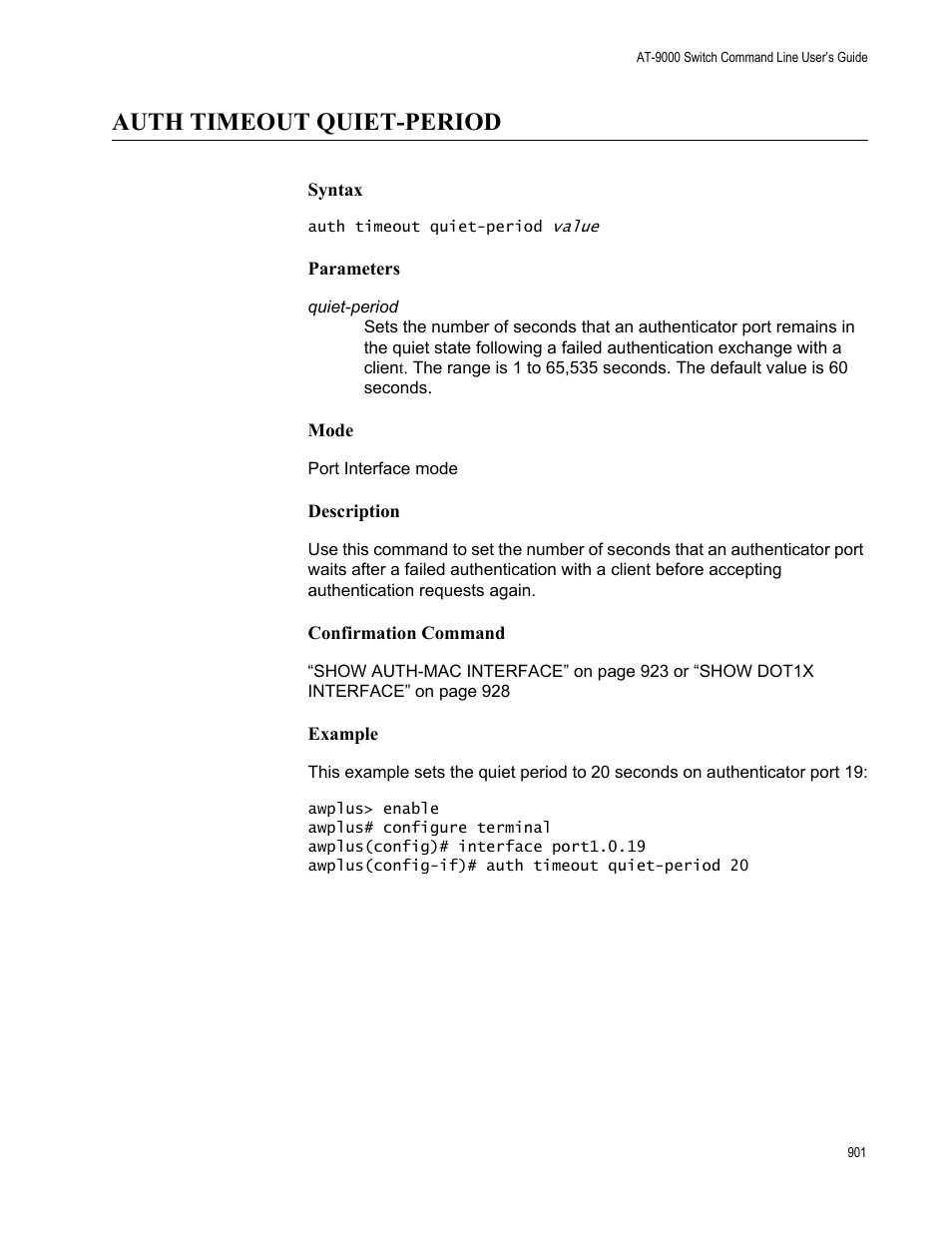 Auth timeout quiet-period | Allied Telesis AT-9000 Series User Manual | Page 929 / 1480