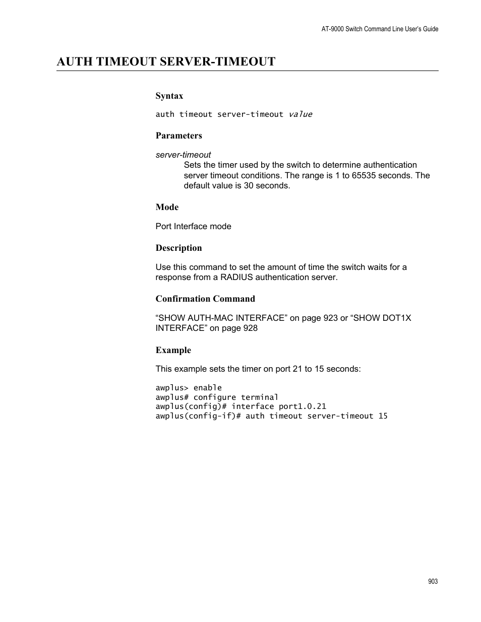 Auth timeout server-timeout | Allied Telesis AT-9000 Series User Manual | Page 931 / 1480