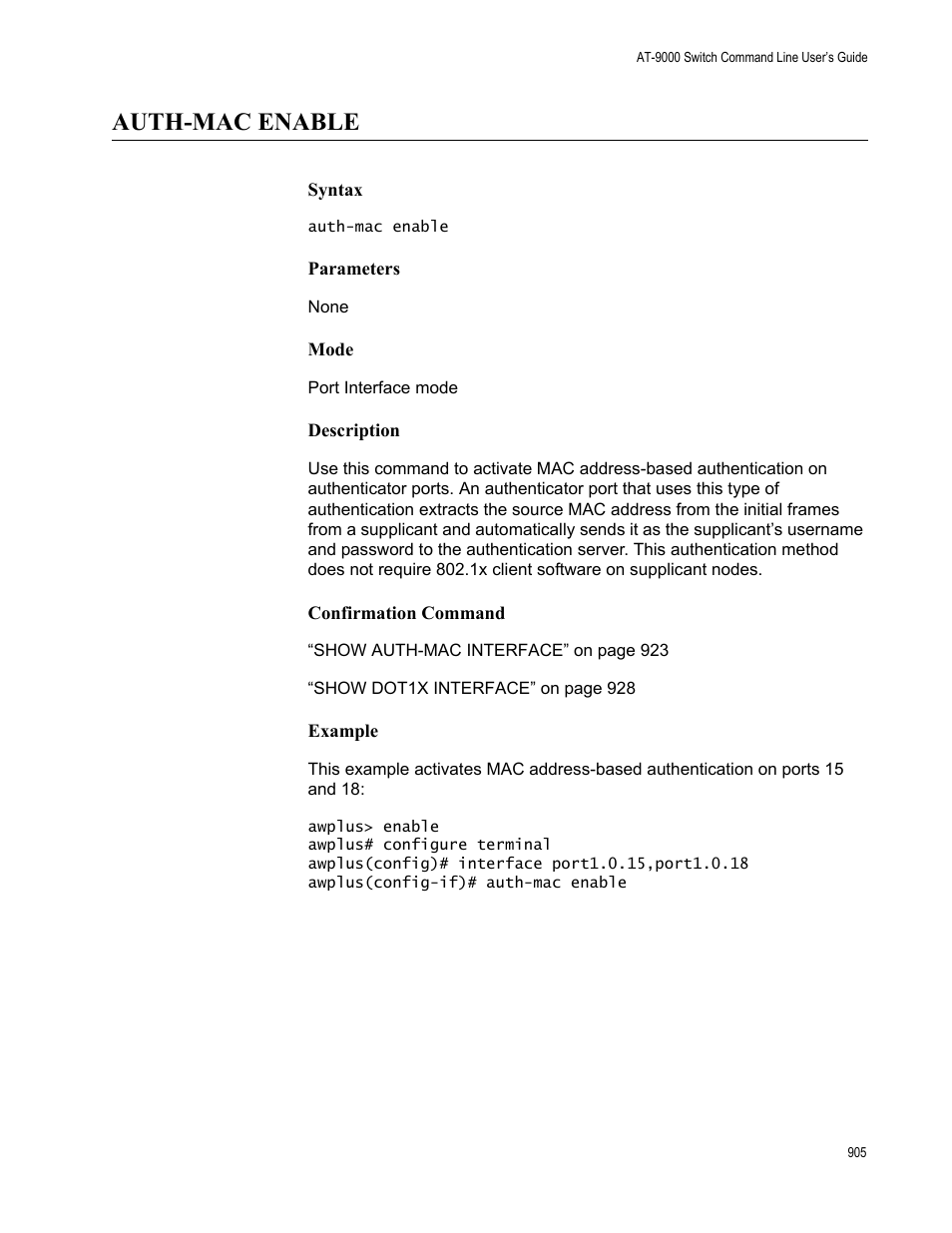 Auth-mac enable | Allied Telesis AT-9000 Series User Manual | Page 933 / 1480