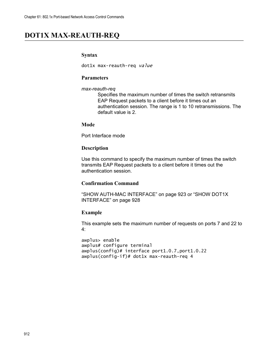 Dot1x max-reauth-req | Allied Telesis AT-9000 Series User Manual | Page 940 / 1480