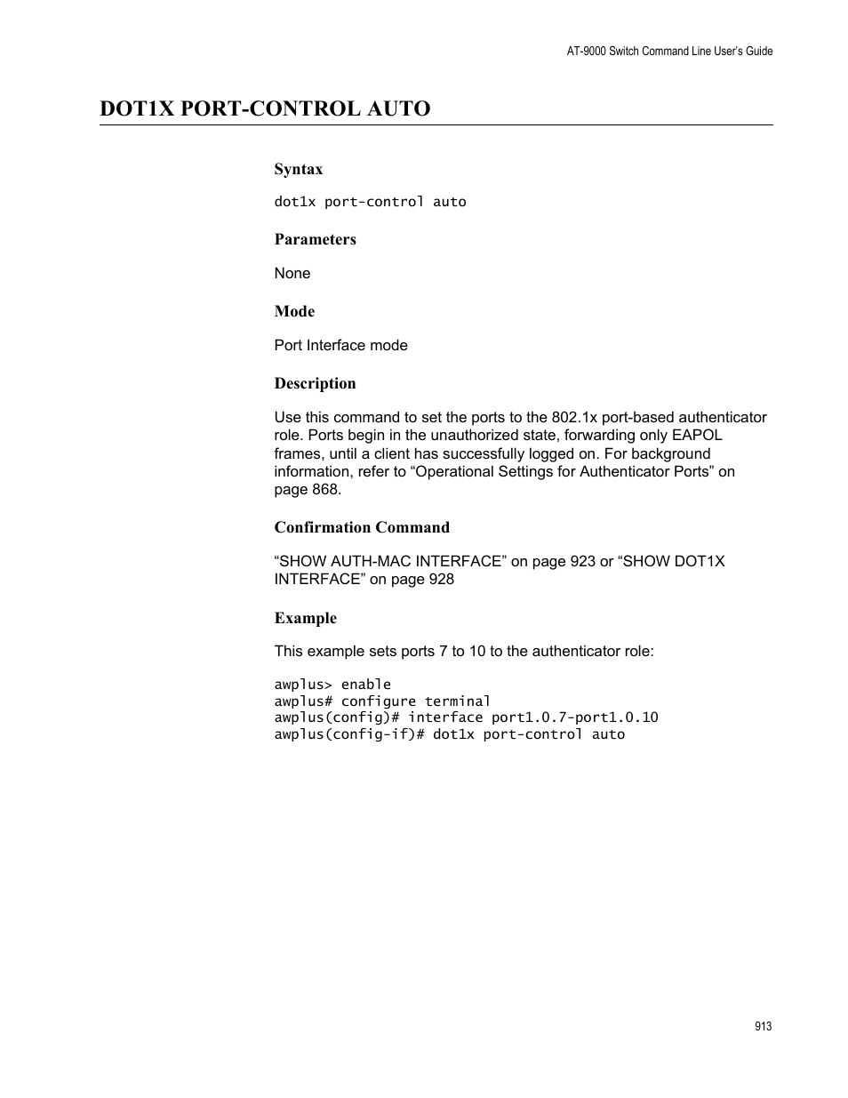 Dot1x port-control auto | Allied Telesis AT-9000 Series User Manual | Page 941 / 1480