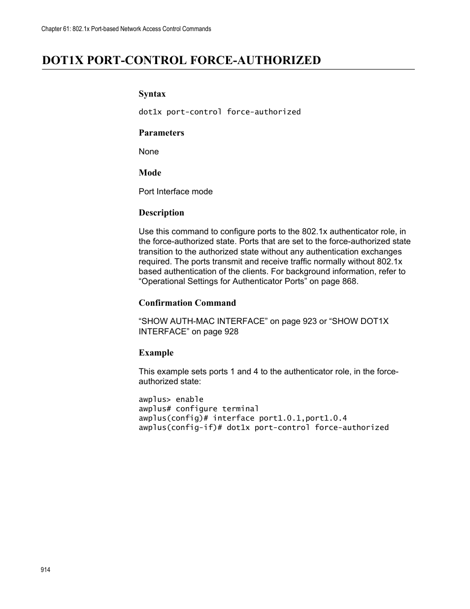 Dot1x port-control force-authorized | Allied Telesis AT-9000 Series User Manual | Page 942 / 1480