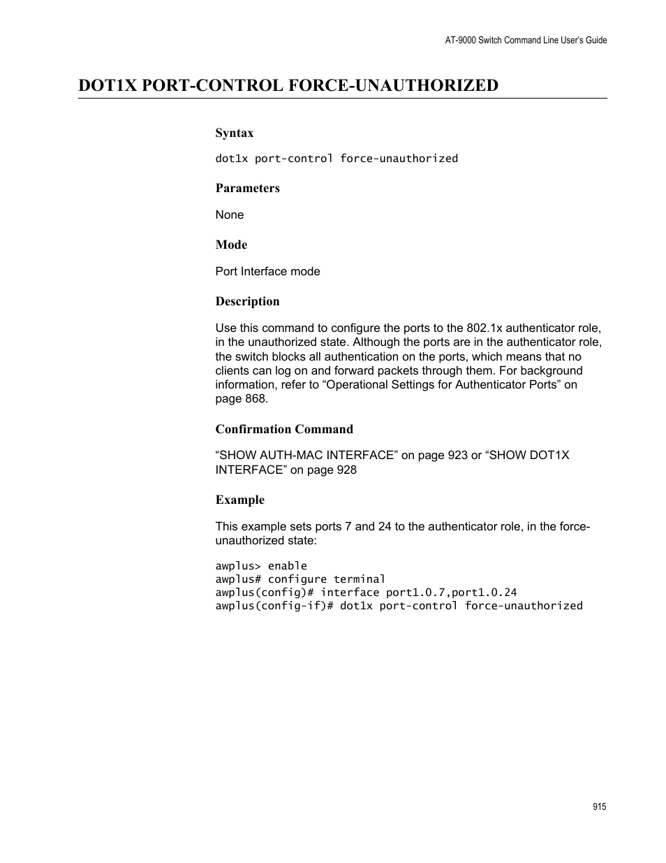 Dot1x port-control force-unauthorized | Allied Telesis AT-9000 Series User Manual | Page 943 / 1480