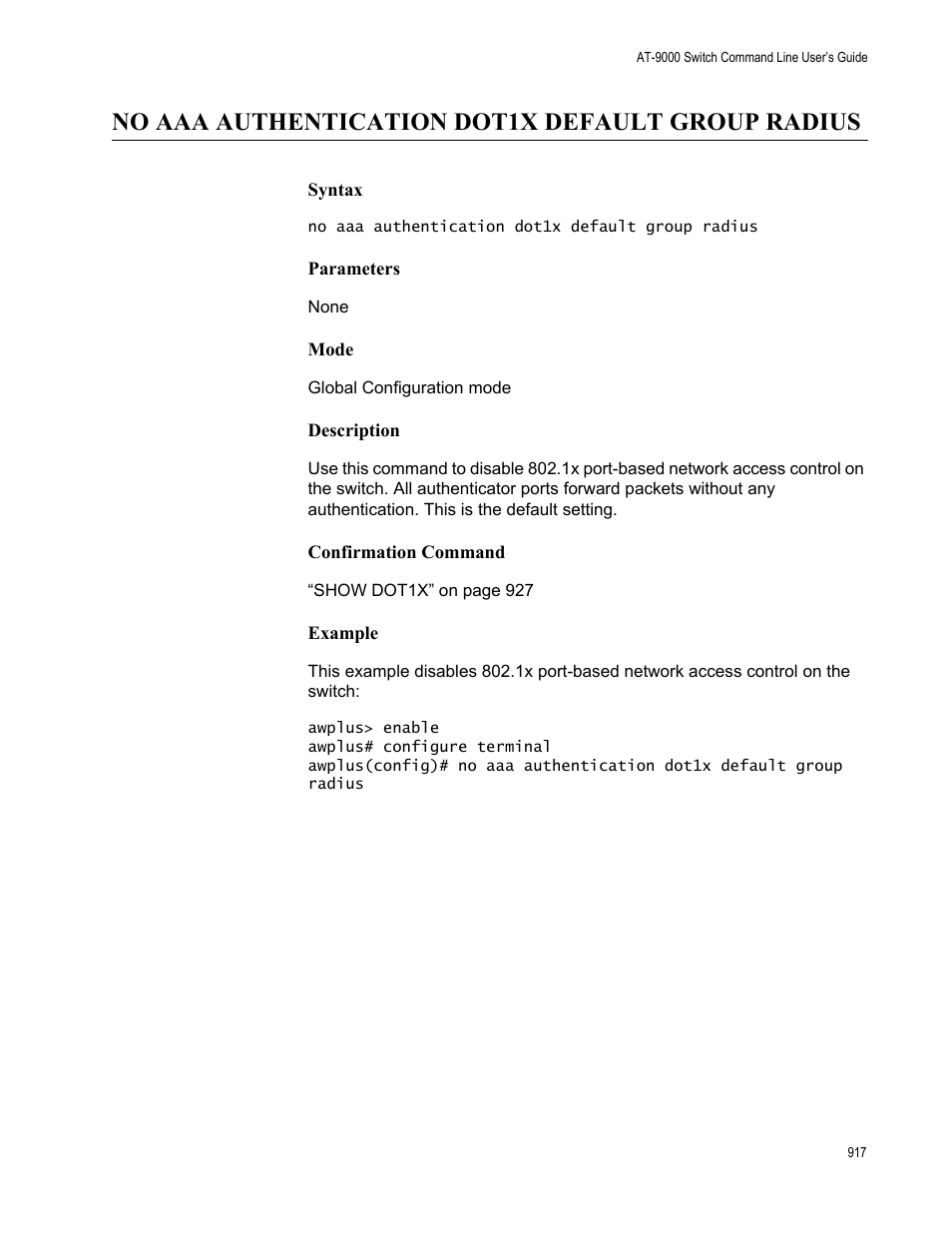 No aaa authentication dot1x default group radius | Allied Telesis AT-9000 Series User Manual | Page 945 / 1480