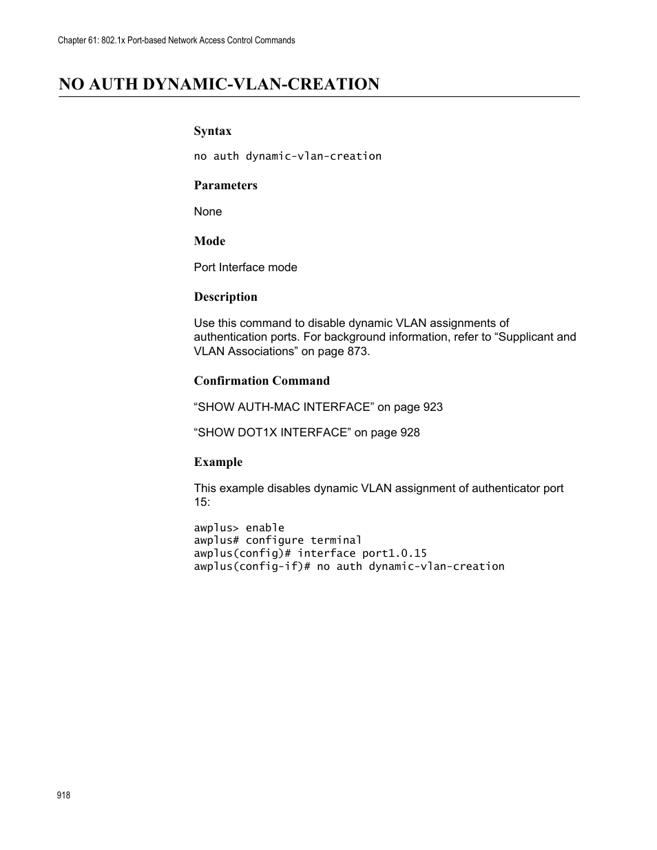 No auth dynamic-vlan-creation | Allied Telesis AT-9000 Series User Manual | Page 946 / 1480