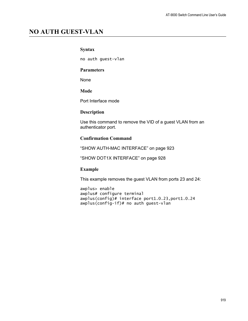 No auth guest-vlan | Allied Telesis AT-9000 Series User Manual | Page 947 / 1480