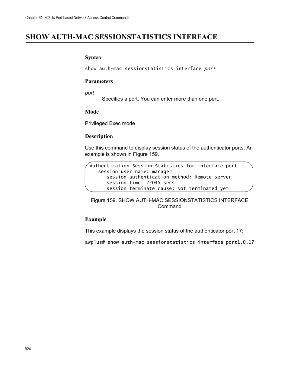 Show auth-mac sessionstatistics interface | Allied Telesis AT-9000 Series User Manual | Page 952 / 1480