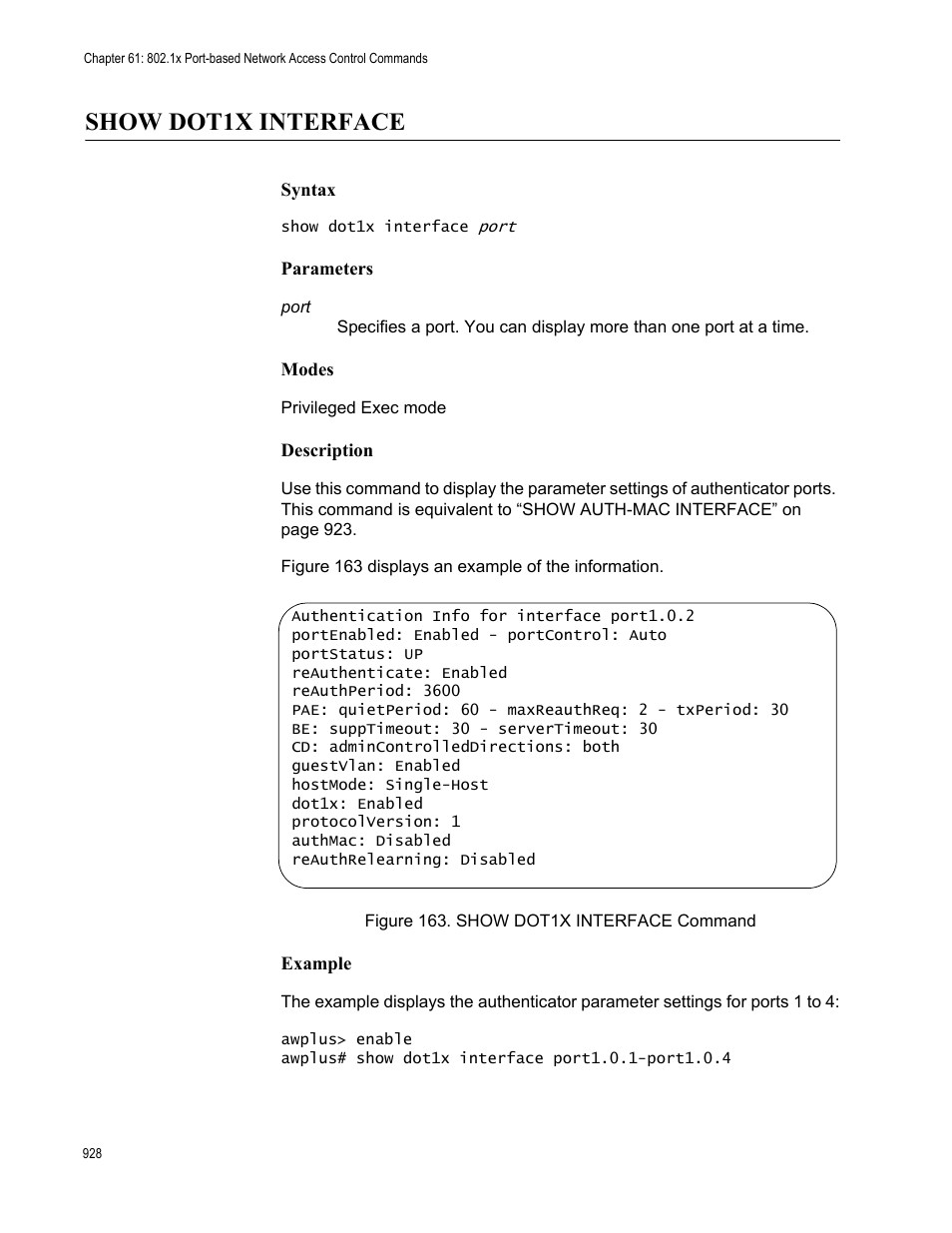 Show dot1x interface, Figure 163: show dot1x interface command | Allied Telesis AT-9000 Series User Manual | Page 956 / 1480