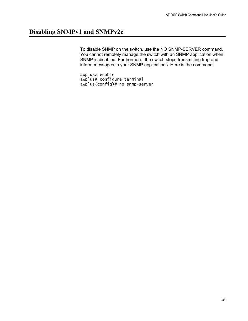 Disabling snmpv1 and snmpv2c | Allied Telesis AT-9000 Series User Manual | Page 969 / 1480