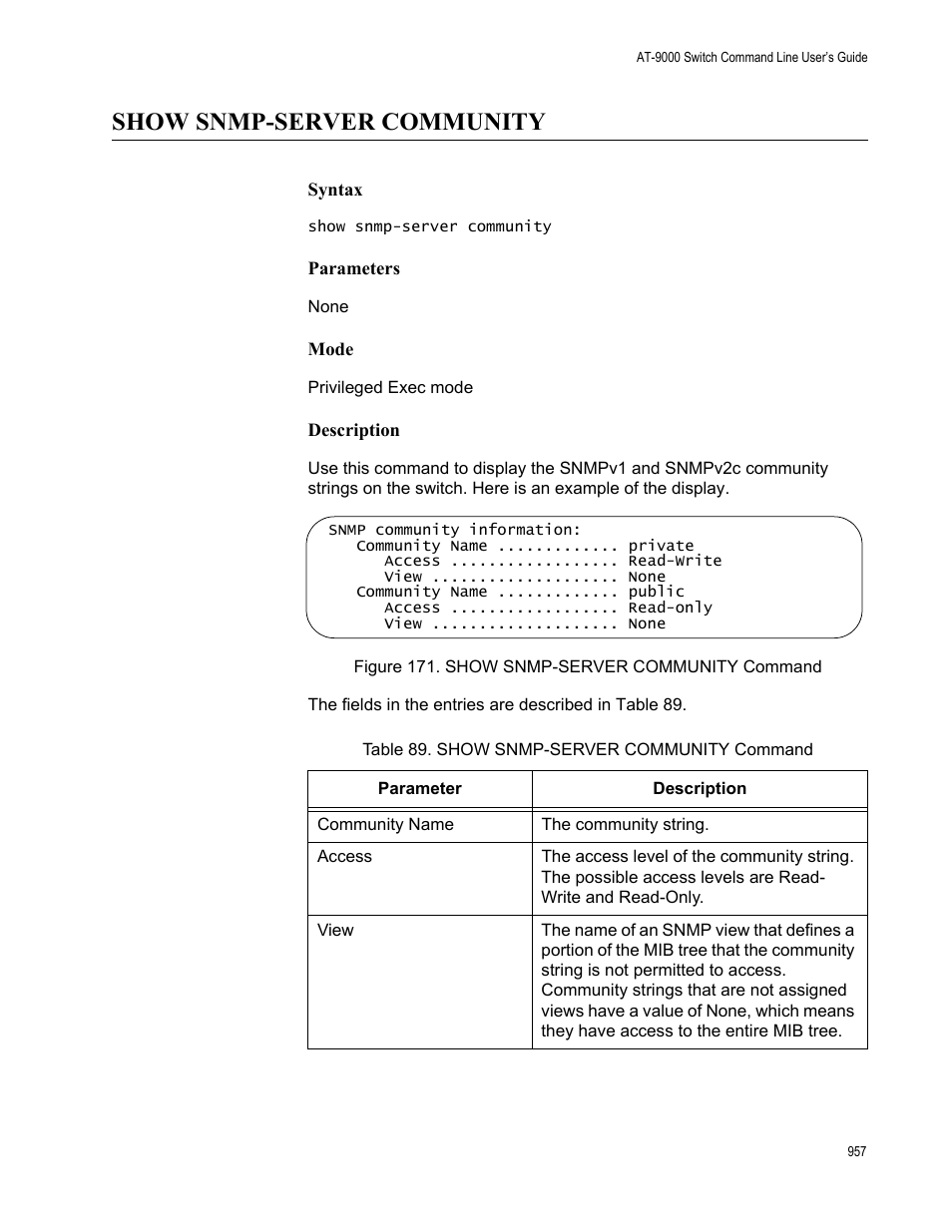 Show snmp-server community, Figure 171: show snmp-server community command, Table 89. show snmp-server community command | Allied Telesis AT-9000 Series User Manual | Page 985 / 1480