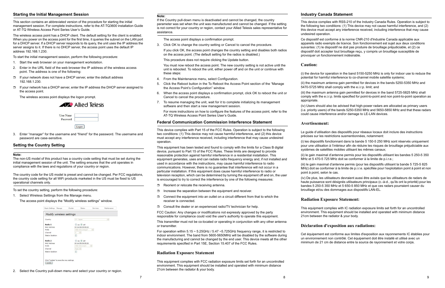 Radiation exposure statement, Caution, Avertissement | Déclaration d'exposition aux radiations | Allied Telesis AT-TQ3600 User Manual | Page 3 / 4