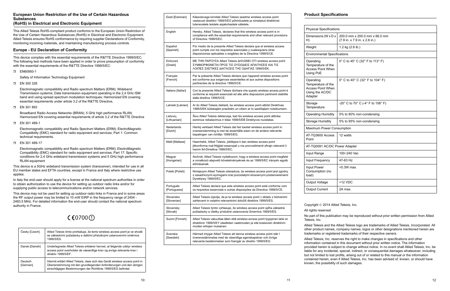 Europe - eu declaration of conformity, Product specifications | Allied Telesis AT-TQ3600 User Manual | Page 4 / 4