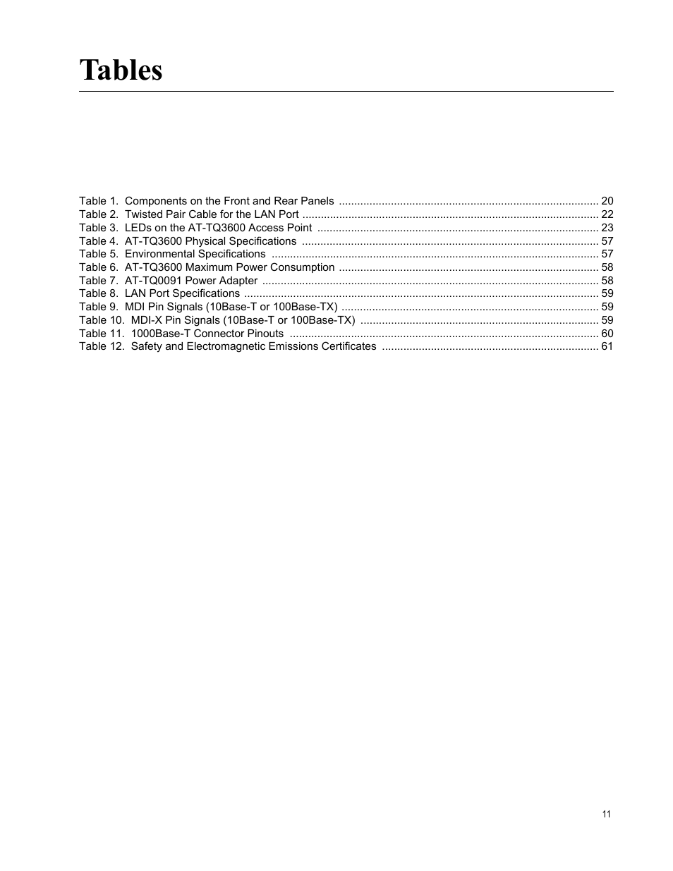 Tables | Allied Telesis AT-TQ3600 User Manual | Page 11 / 70