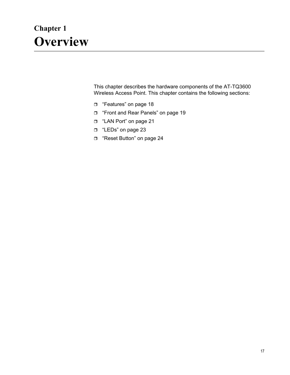 Chapter 1, Overview, Chapter 1: overview | Allied Telesis AT-TQ3600 User Manual | Page 17 / 70
