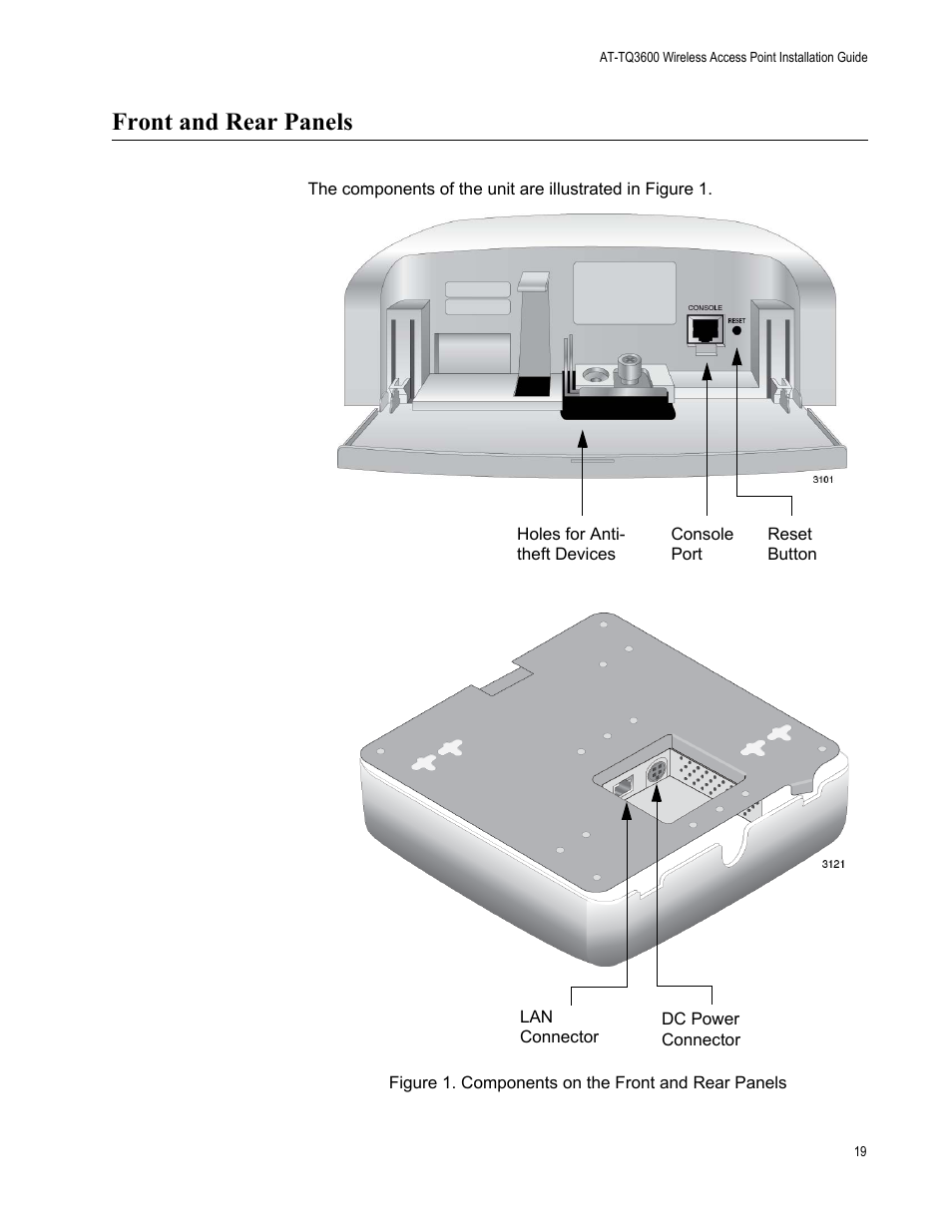 Front and rear panels, Figure 1: components on the front and rear panels | Allied Telesis AT-TQ3600 User Manual | Page 19 / 70