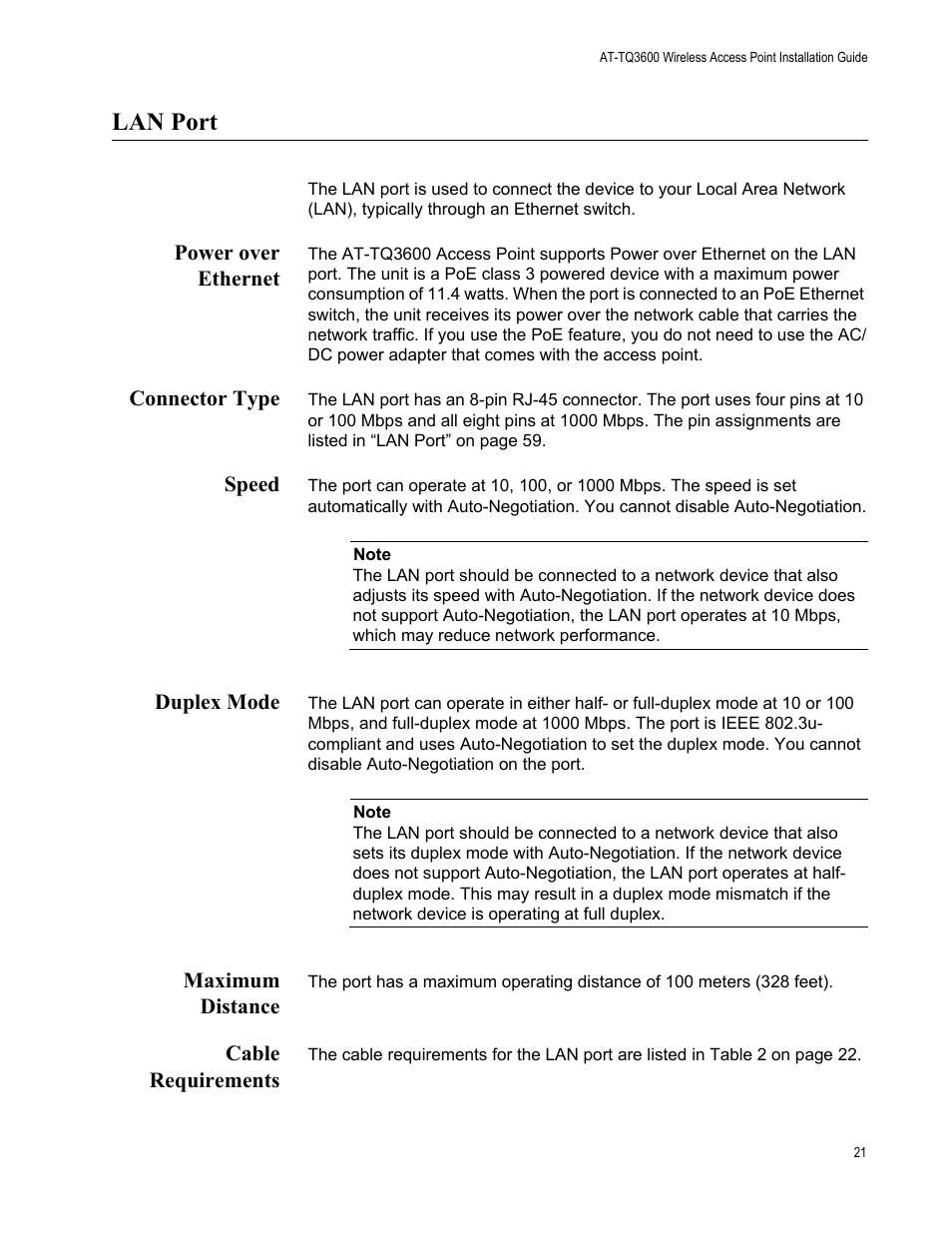 Lan port, Power over ethernet, Connector type | Speed, Duplex mode, Maximum distance, Cable requirements | Allied Telesis AT-TQ3600 User Manual | Page 21 / 70