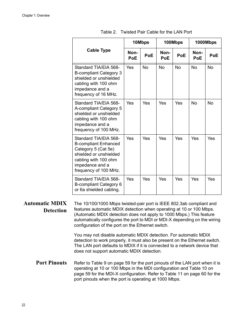 Automatic mdix detection, Port pinouts, Automatic mdix detection port pinouts | Table 2. twisted pair cable for the lan port | Allied Telesis AT-TQ3600 User Manual | Page 22 / 70