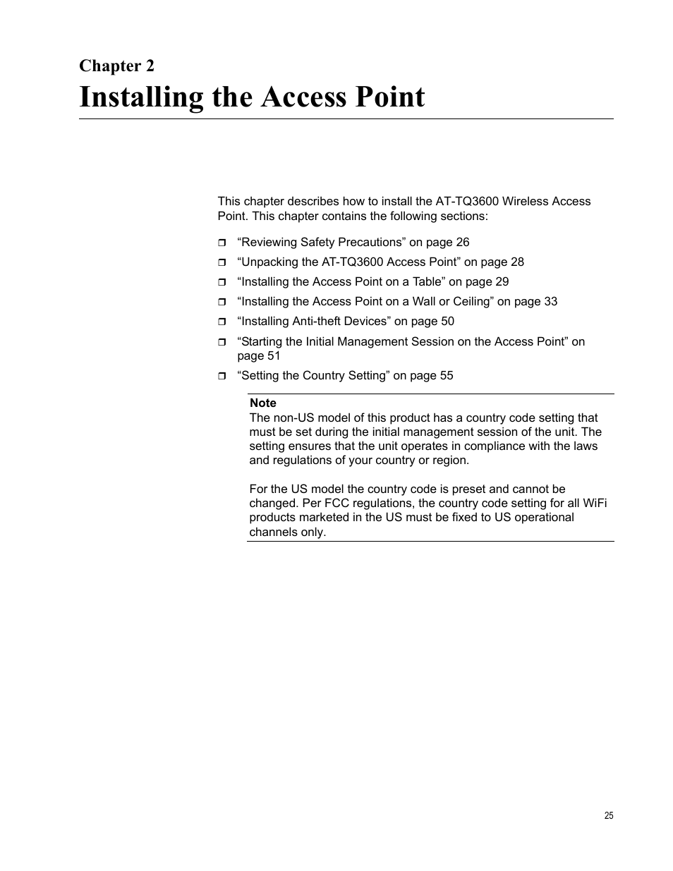 Chapter 2, Installing the access point, Chapter 2: installing the access point | Allied Telesis AT-TQ3600 User Manual | Page 25 / 70