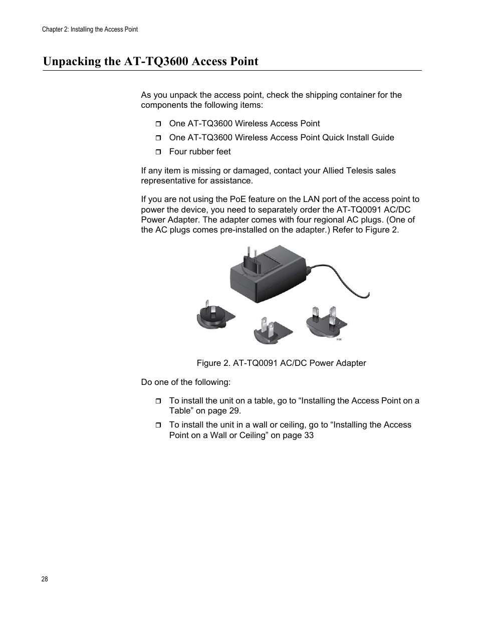 Unpacking the at-tq3600 access point, Figure 2: at-tq0091 ac/dc power adapter | Allied Telesis AT-TQ3600 User Manual | Page 28 / 70