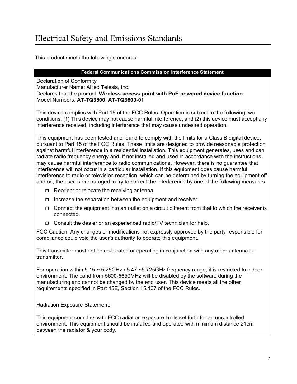 Electrical safety and emissions standards | Allied Telesis AT-TQ3600 User Manual | Page 3 / 70