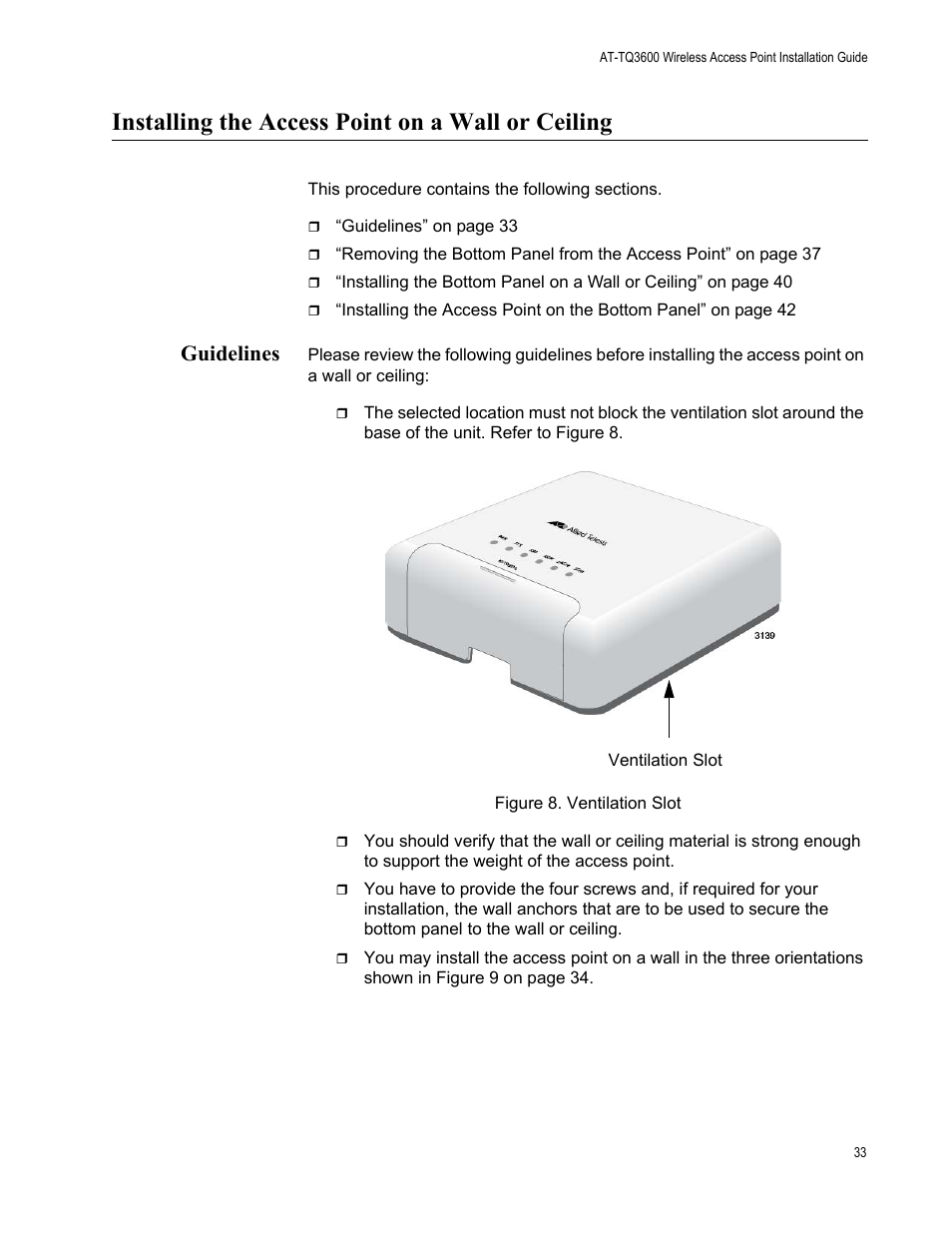 Installing the access point on a wall or ceiling, Guidelines, Figure 8: ventilation slot | Allied Telesis AT-TQ3600 User Manual | Page 33 / 70