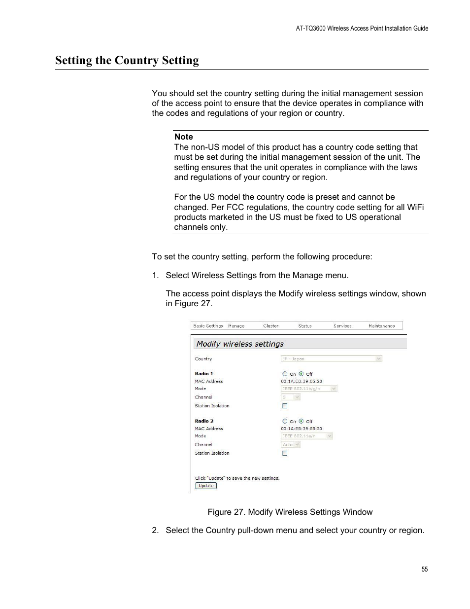 Setting the country setting, Figure 27: modify wireless settings window | Allied Telesis AT-TQ3600 User Manual | Page 55 / 70