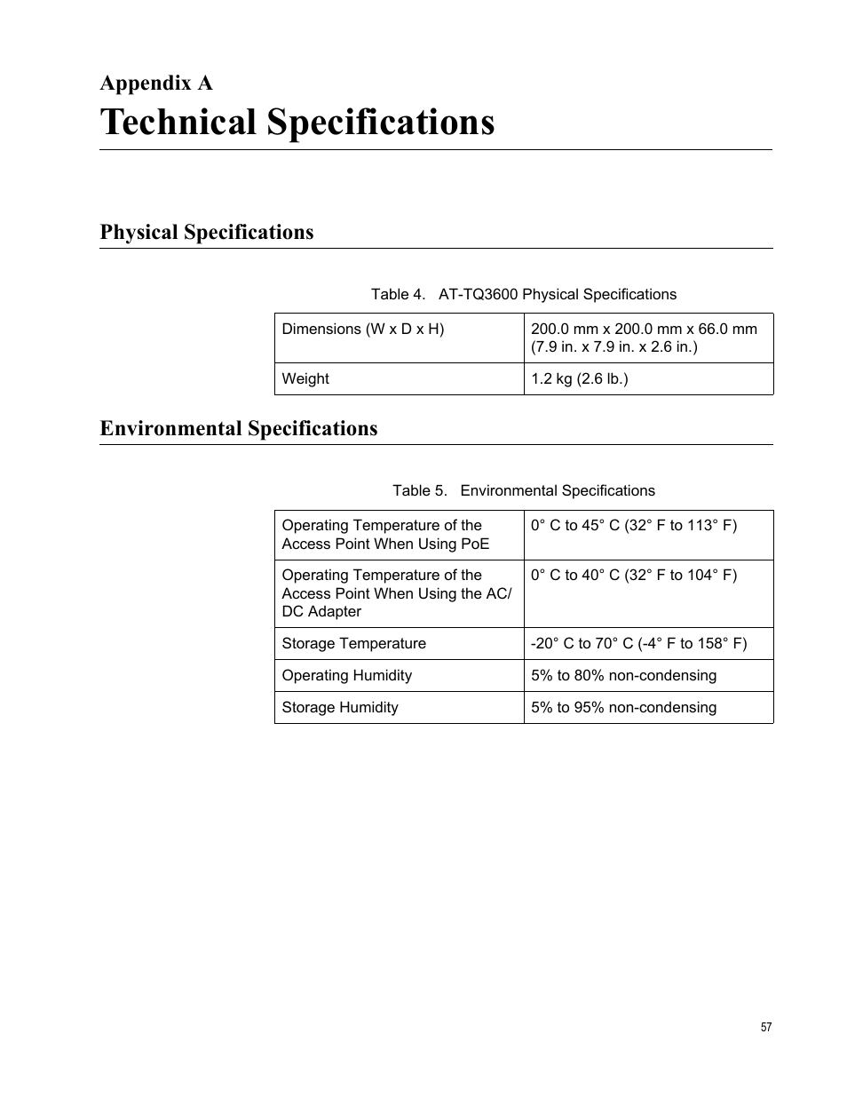 Appendix a, Technical specifications, Physical specifications | Environmental specifications | Allied Telesis AT-TQ3600 User Manual | Page 57 / 70