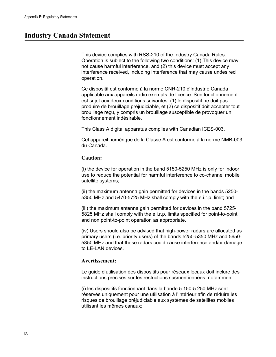 Industry canada statement | Allied Telesis AT-TQ3600 User Manual | Page 66 / 70
