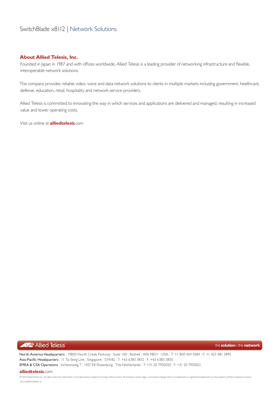 Switchblade x8112 | network solutions, About allied telesis, inc | Allied Telesis SwitchBlade x8100 Series User Manual | Page 25 / 25