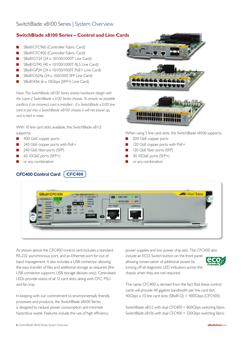Switchblade x8100 series | system overview, Switchblade x8100 series – control and line cards | Allied Telesis SwitchBlade x8100 Series User Manual | Page 6 / 25
