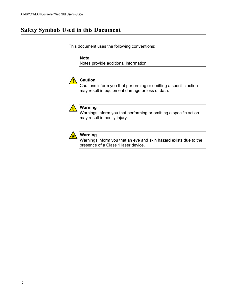 Safety symbols used in this document | Allied Telesis AT-UWC Series User Manual | Page 10 / 368