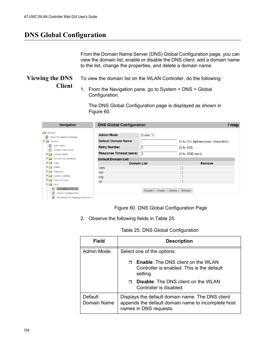 Dns global configuration, Viewing the dns client | Allied Telesis AT-UWC Series User Manual | Page 104 / 368