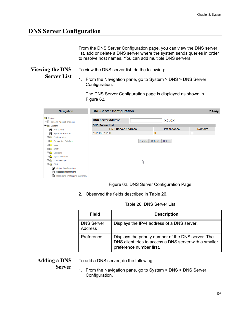 Dns server configuration, Viewing the dns server list, Adding a dns server | Viewing the dns server list adding a dns server | Allied Telesis AT-UWC Series User Manual | Page 107 / 368