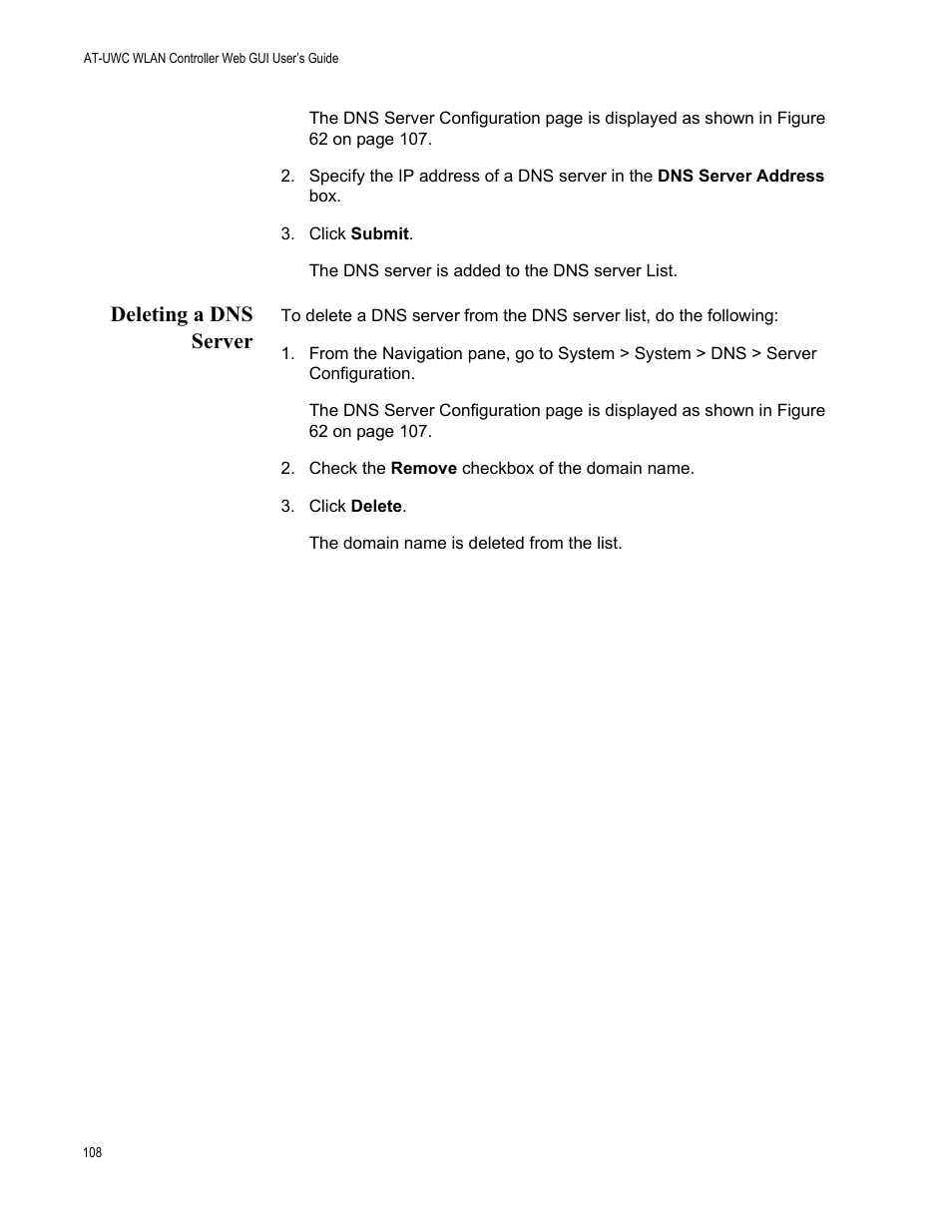 Deleting a dns server | Allied Telesis AT-UWC Series User Manual | Page 108 / 368