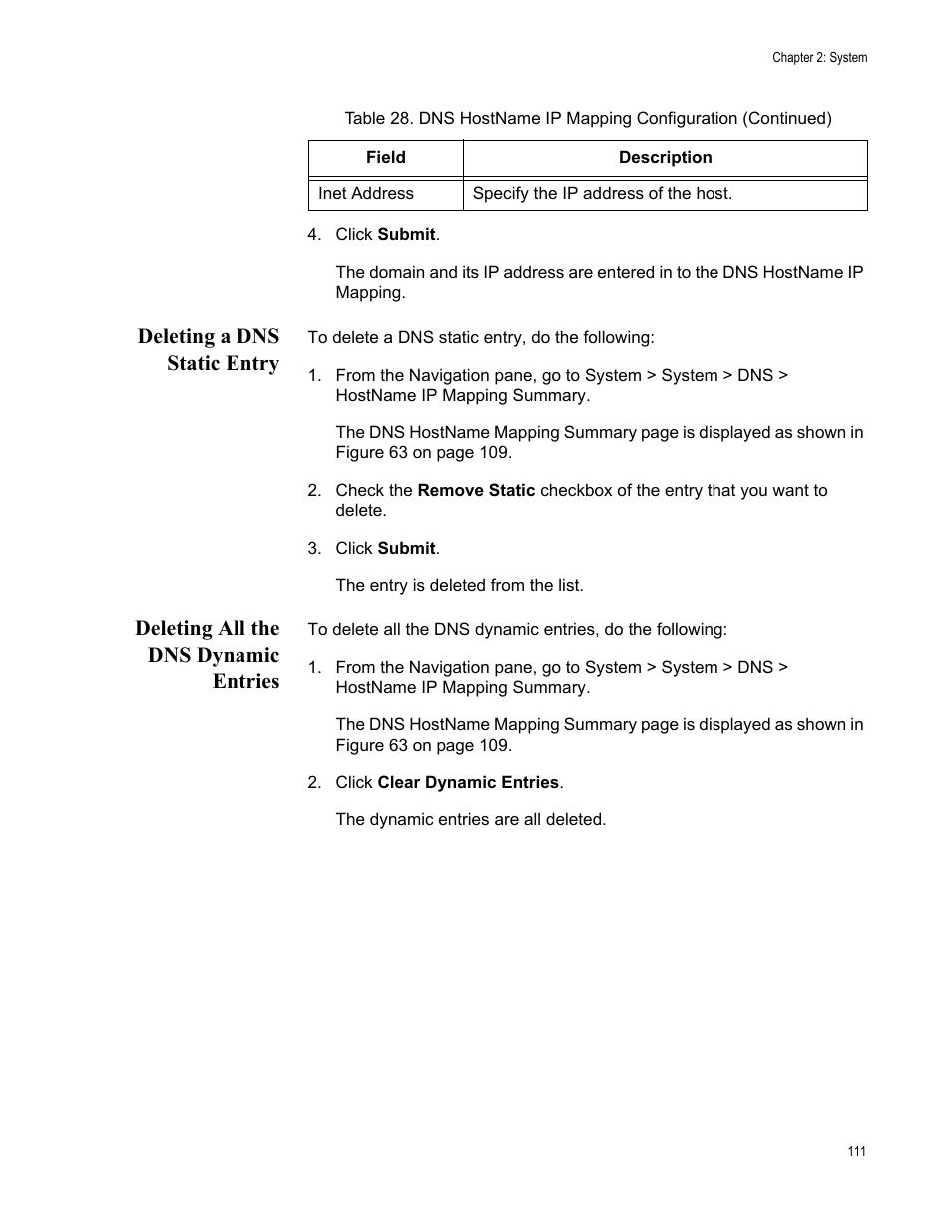 Deleting a dns static entry, Deleting all the dns dynamic entries | Allied Telesis AT-UWC Series User Manual | Page 111 / 368