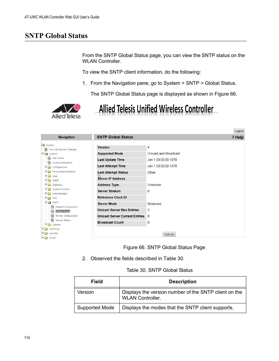 Sntp global status | Allied Telesis AT-UWC Series User Manual | Page 114 / 368