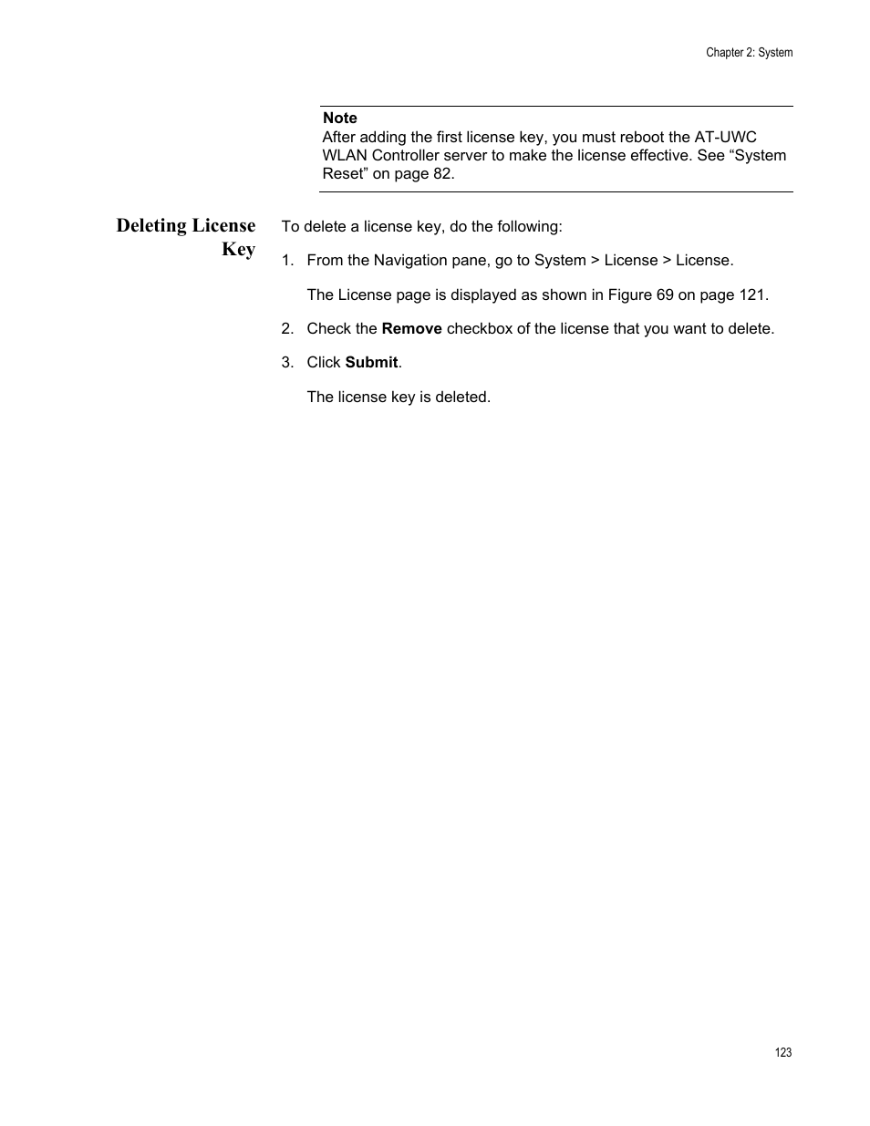 Deleting license key | Allied Telesis AT-UWC Series User Manual | Page 123 / 368