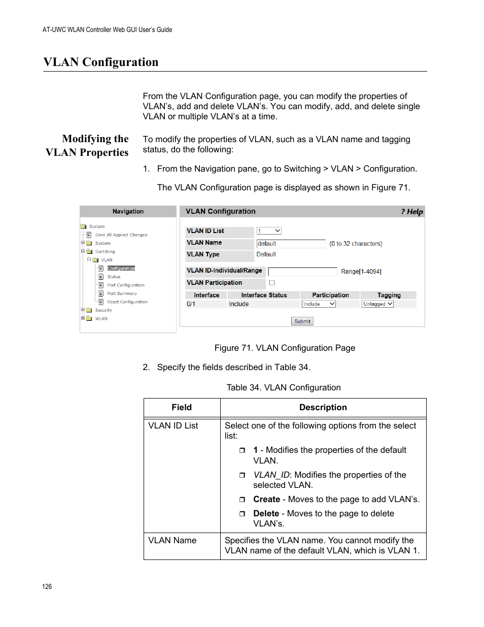 Vlan configuration, Modifying the vlan properties | Allied Telesis AT-UWC Series User Manual | Page 126 / 368