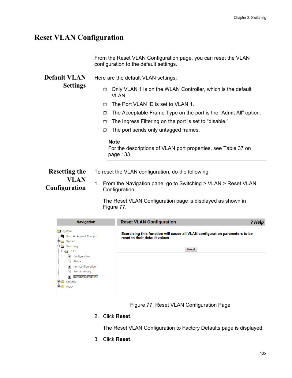 Reset vlan configuration, Default vlan settings, Resetting the vlan configuration | Allied Telesis AT-UWC Series User Manual | Page 135 / 368